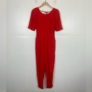Farm Rio Linen Blend Jumpsuit Size XS Red Short Sleeve Open Back Side Pockets